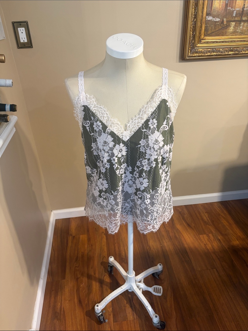 Express Olive Green Camisole with pale pink  Lace Overlay